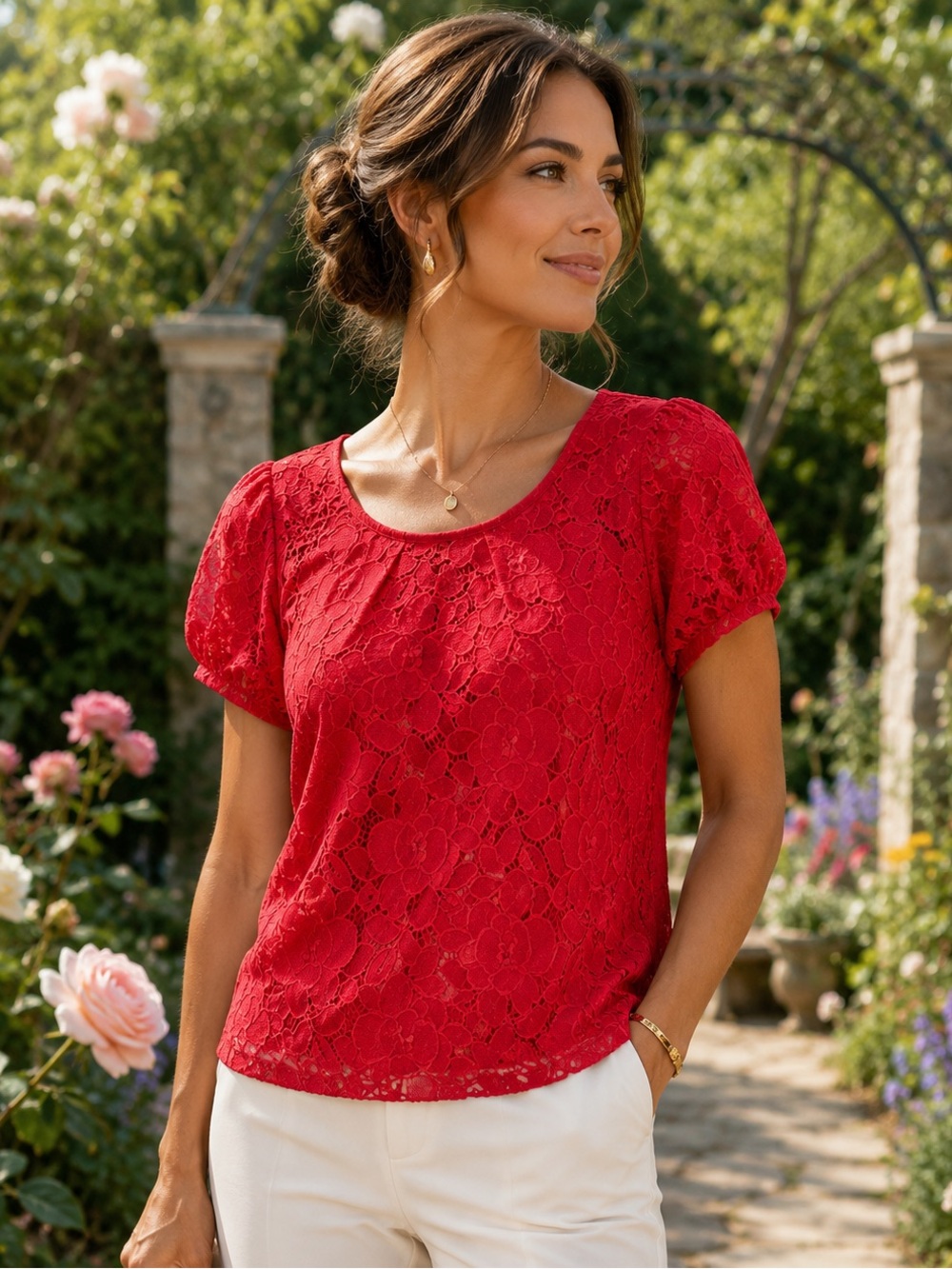 Monteau Floral Lace Overlay Top Red Puff Sleeves Size L Cottagecore